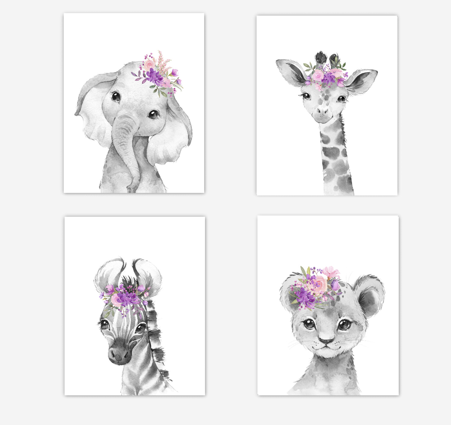 Safari Animals Baby Girl Nursery Wall Art Decor Pink Purple Floral Elephant Giraffe Lion Zebra 4
