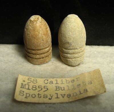 JUST ADDED ON 4/15 - THE BATTLE OF SPOTSYLVANIA - Two .58 Caliber William's Regulation Bullets with Relic Hunter's Original Label - Found in May, 1973 JUST ADDED ON 4/15 - THE BATTLE OF SPOTSYLVANIA - Two .58 Caliber William's Regulation Bullets with Relic Hunter's Original Label - Found in May, 1973