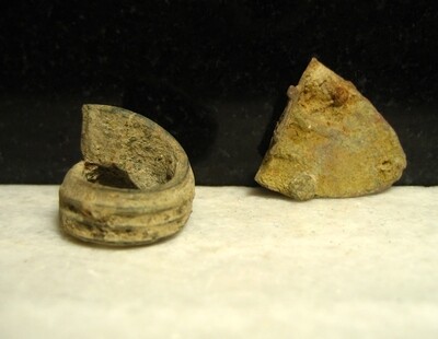 JUST ADDED ON 4/15 - THE BATTLE OF COLD HARBOR / AREA IN FRONT OF THE UNION LEFT FLANK - Artillery Shell Fuse Fragment and Brass Belt Tip- found in 1968 JUST ADDED ON 4/15 - THE BATTLE OF COLD HARBOR / AREA IN FRONT OF THE UNION LEFT FLANK - Artillery Shell Fuse Fragment and Brass Belt Tip- found in 1968