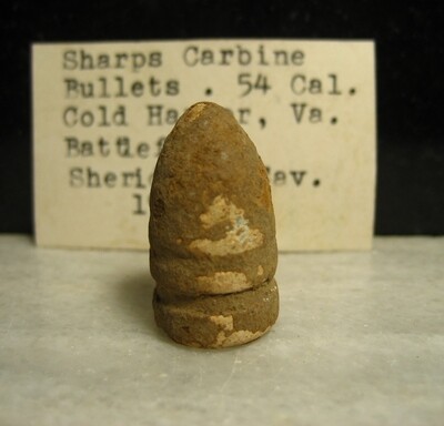 JUST ADDED ON 4/15 - THE BATTLE OF COLD HARBOR / AREA IN FRONT OF THE UNION LEFT FLANK - Sharps Bullet - found in 1968 - with Original Collection Label JUST ADDED ON 4/15 - THE BATTLE OF COLD HARBOR / AREA IN FRONT OF THE UNION LEFT FLANK - Sharps Bullet - found in 1968 - with Original Collection Label