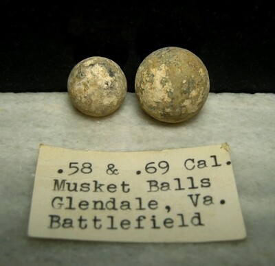JUST ADDED ON 4/22 - THE BATTLE OF GLENDALE / SEVEN DAYS BATTLES - Two Musket Balls (including one that may have been for a Kentucky Rifle) with Original Collection Label JUST ADDED ON 4/22 - THE BATTLE OF GLENDALE / SEVEN DAYS BATTLES - Two Musket Balls (including one that may have been for a Kentucky Rifle) with Original Collection Label