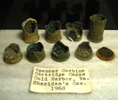 JUST ADDED ON 4/29 - THE BATTLE OF COLD HARBOR / AREA IN FRONT OF THE UNION LEFT FLANK - Group of Spencer Carbine Cartridge Casing Pieces with Original Collection Label JUST ADDED ON 4/29 - THE BATTLE OF COLD HARBOR / AREA IN FRONT OF THE UNION LEFT FLANK - Group of Spencer Carbine Cartridge Casing Pieces with Original Collection Label