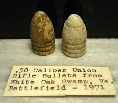 JUST ADDED ON 5/8 - THE BATTLE OF WHITE OAK SWAMP / SEVEN DAYS BATTLES - Two .58 Caliber Bullets - One is Pulled/Misfired - with Original Collection Label JUST ADDED ON 5/8 - THE BATTLE OF WHITE OAK SWAMP / SEVEN DAYS BATTLES - Two .58 Caliber Bullets - One is Pulled/Misfired - with Original Collection Label