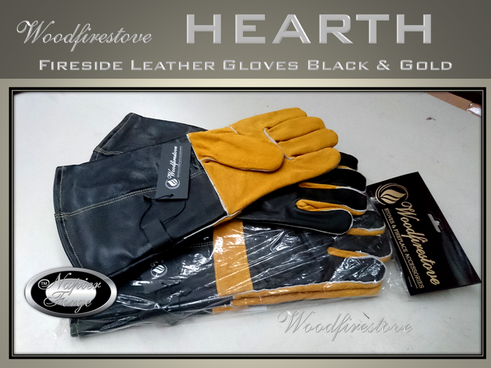 Premium Fireplace fire resistant LEATHER GLOVES Black & Gold / Fireside *Free Shipping
