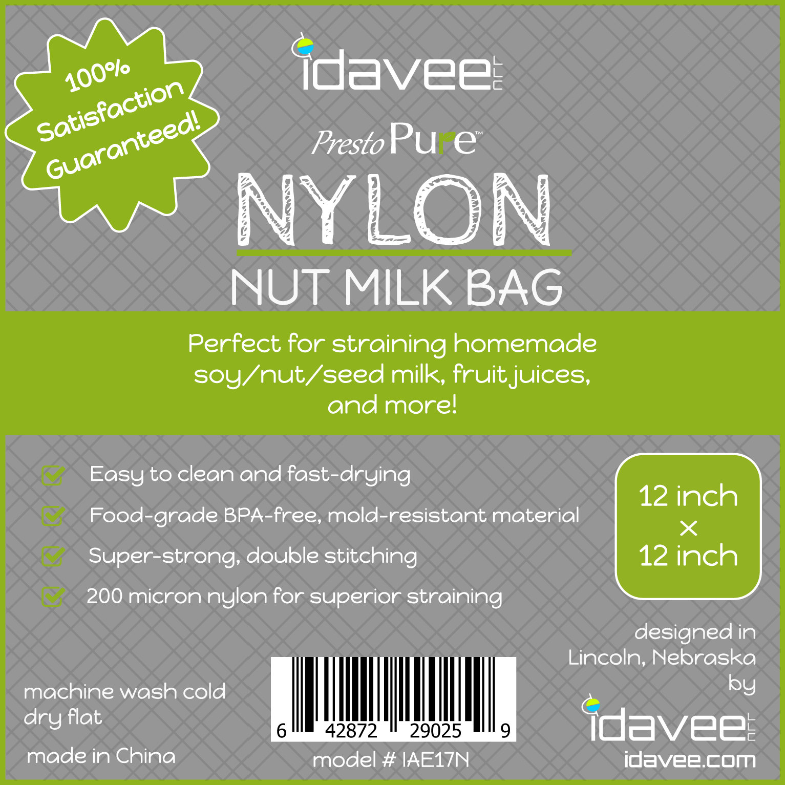 Idavee Brand Presto Pure IAE17N 12x12" Reusable Nylon Straining Bag Idavee Brand Presto Pure IAE17N 12x12" Reusable Nylon Straining Bag